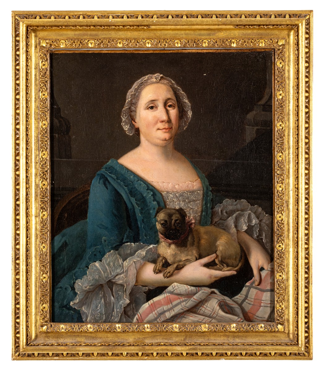 French School Portrait Of A Lady With Dog XVIII Century