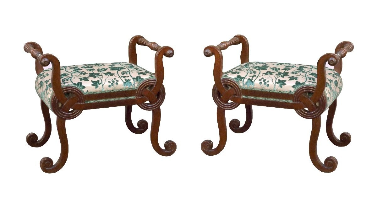 Pair Of Stools, Carved Mahogany, Italy Toscana (?) XIXth Century Grand Tour