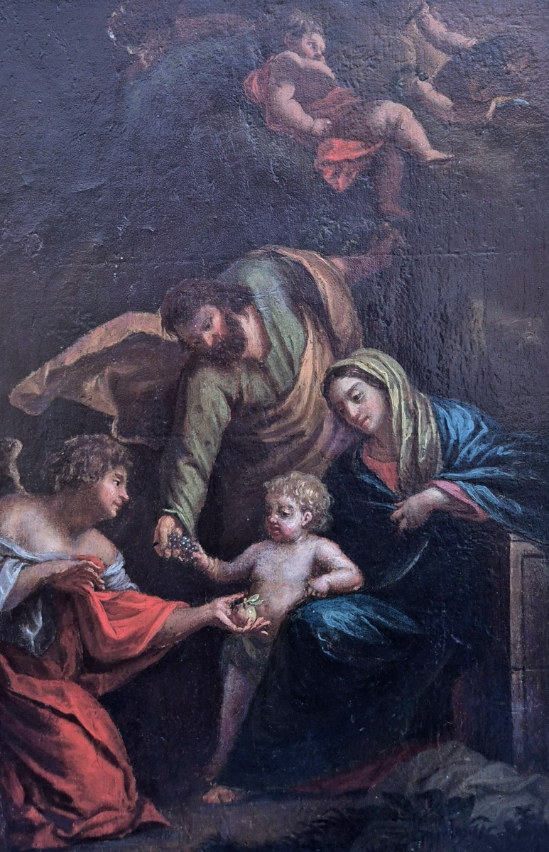 La Sainte Famille avec un ange, Tableau , Italie XVIIème Siècle 