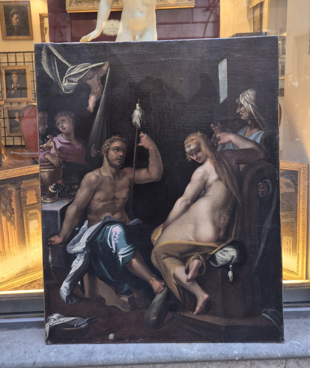 Hercule et Omphale, tableau École de Prague, XVIème XVIIème Siècle -photo-1