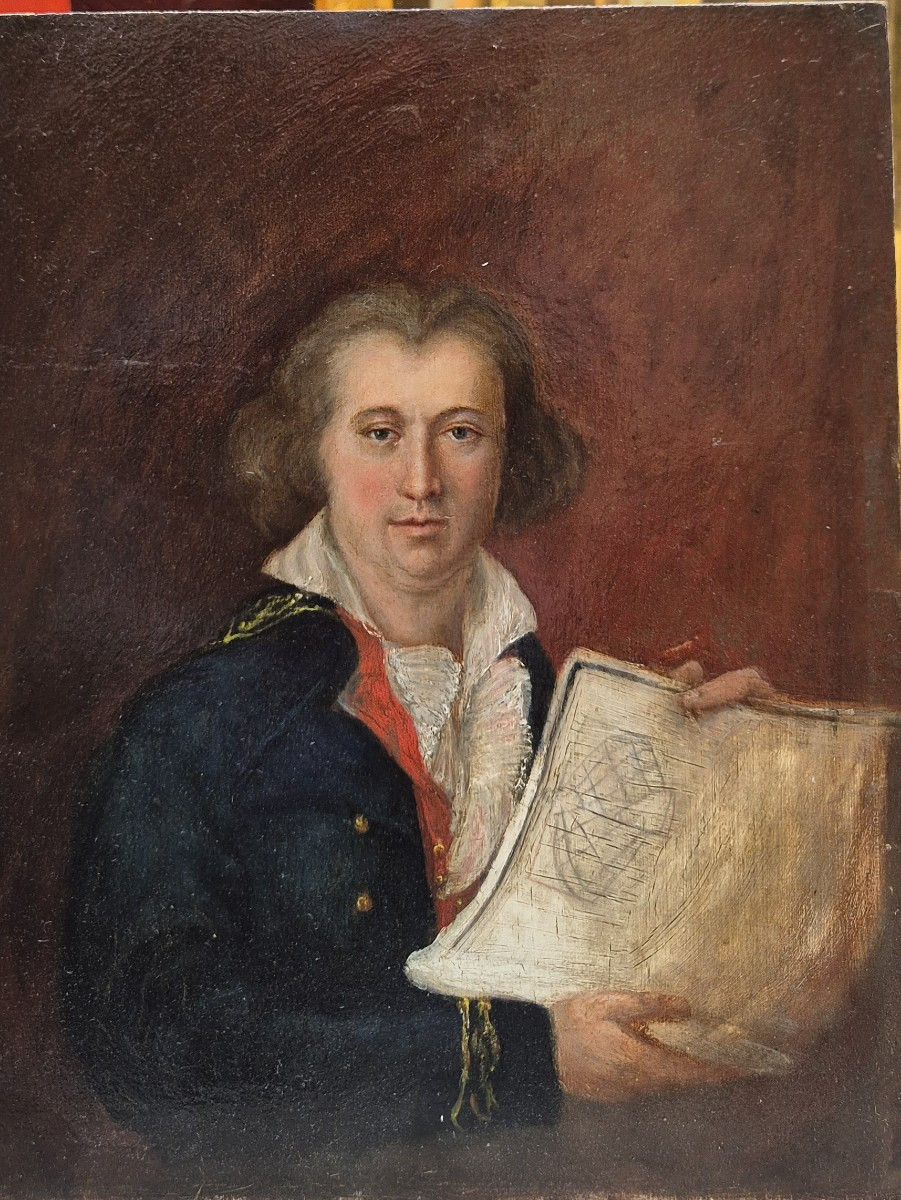 Portrait Of A Man With Project Of Building, Painting XIXth Century -photo-2