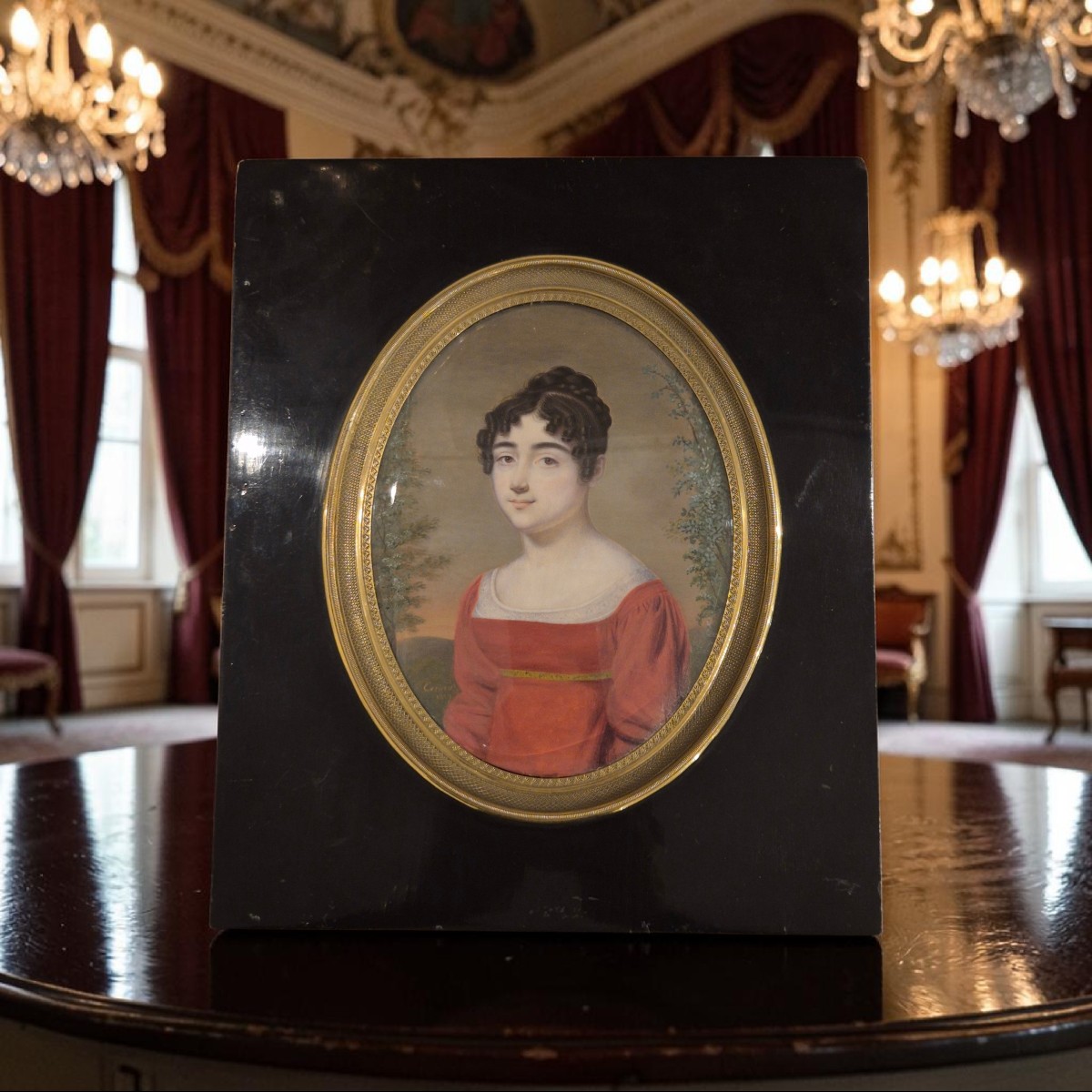 portrait d'une fille en rouge, peinture, signè Evrard. France XIXème Siècle -photo-2