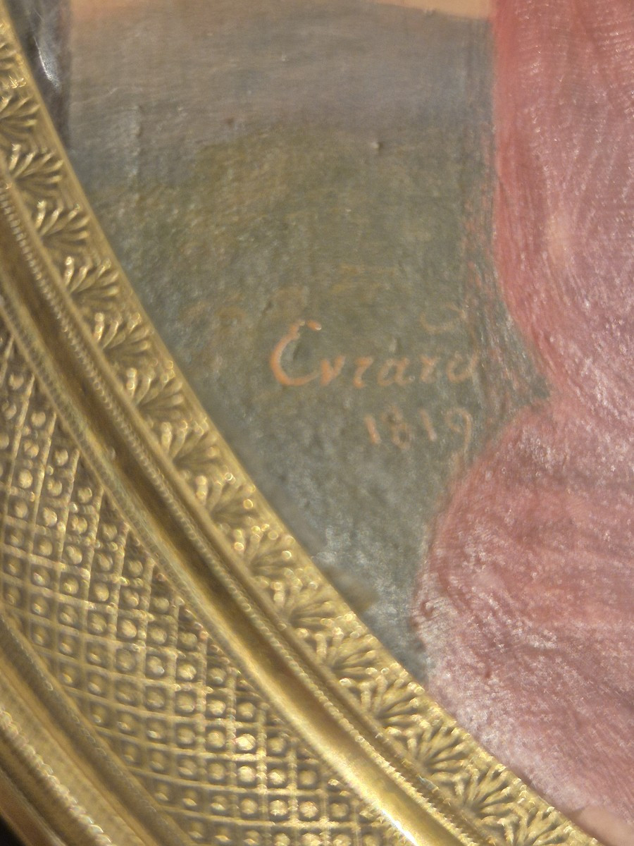 portrait d'une fille en rouge, peinture, signè Evrard. France XIXème Siècle -photo-3