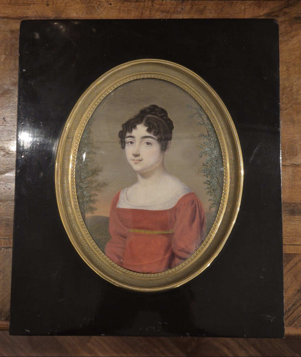 portrait d'une fille en rouge, peinture, signè Evrard. France XIXème Siècle 
