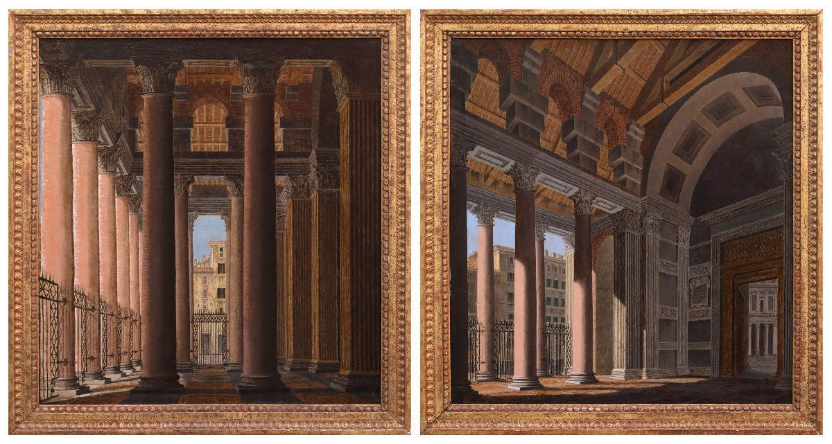 paire de vues du portique du Panthéon, Tableaux , Italie XIXe Siècle 