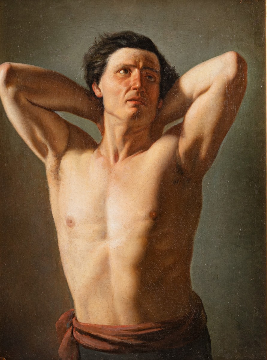 Academic Nude With Raised Arms, Painting. Italy, 19th Century -photo-2