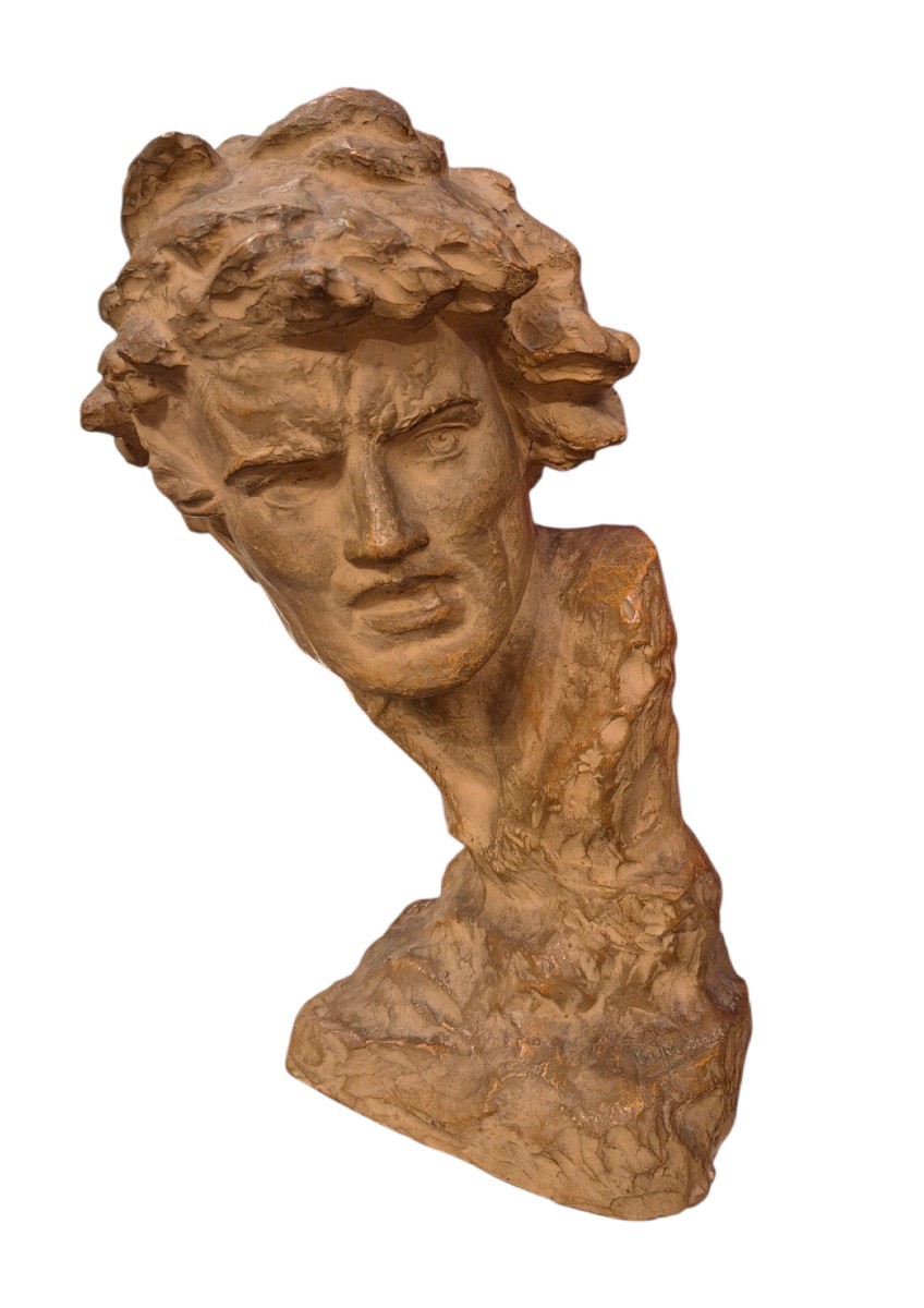Man's Head, Sculpture Cly, By U Cipriani Italy XXth Century