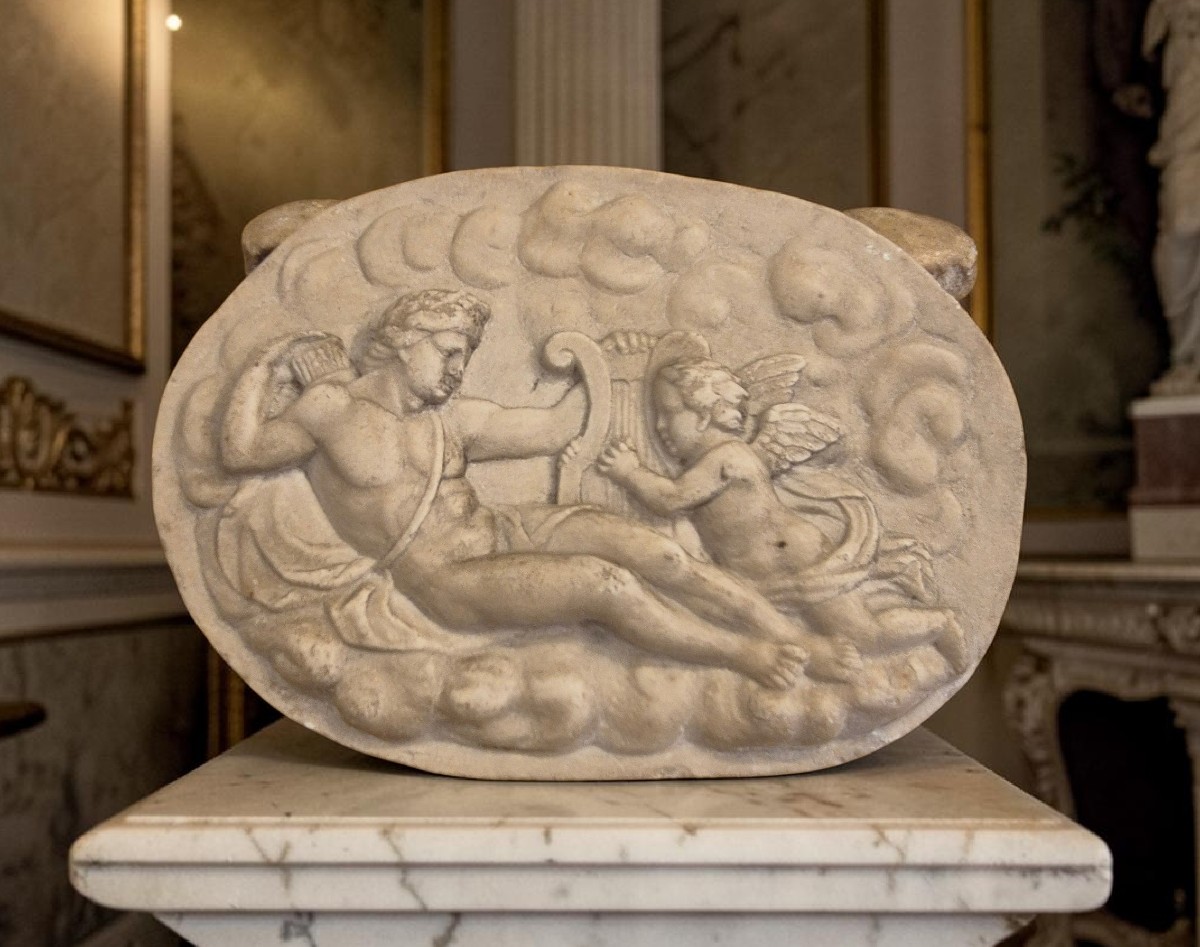 Apollon et Cupidon, Plaque en marbre, Italie XVIIie Siècle Grand tour-photo-2