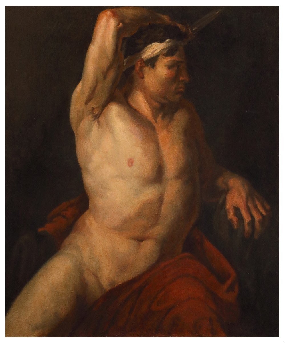 Academic Nude With A Dagger, Oil On Canvas, France, Early 19th Century-photo-2