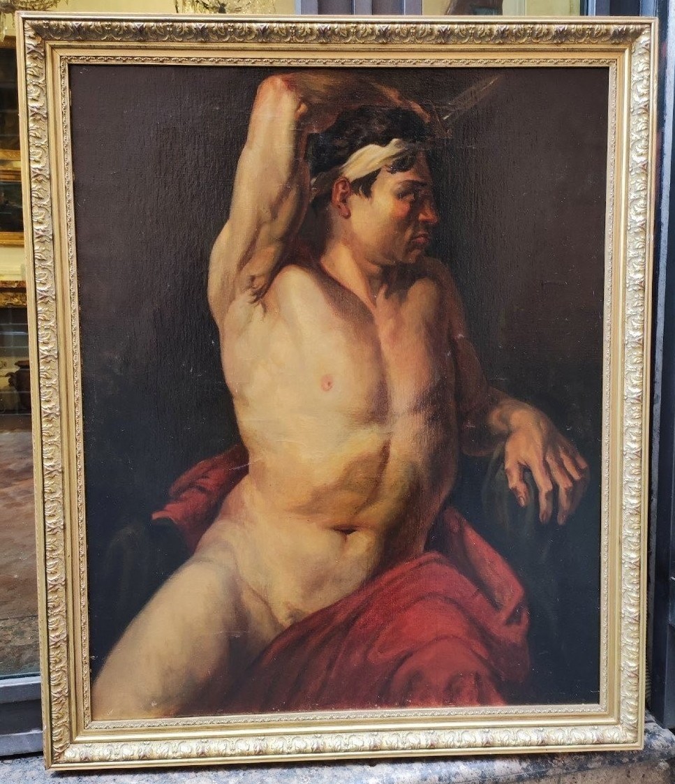 Academic Nude With A Dagger, Oil On Canvas, France, Early 19th Century