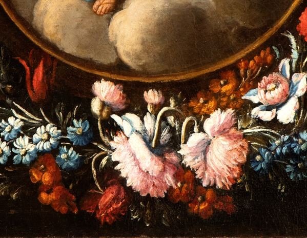 Our Lady Of The Rosary In A Garland Of Flowers, Painting, Rome, 17th Century-photo-3
