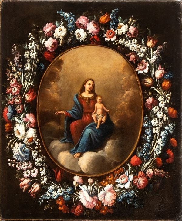 Our Lady Of The Rosary In A Garland Of Flowers, Painting, Rome, 17th Century