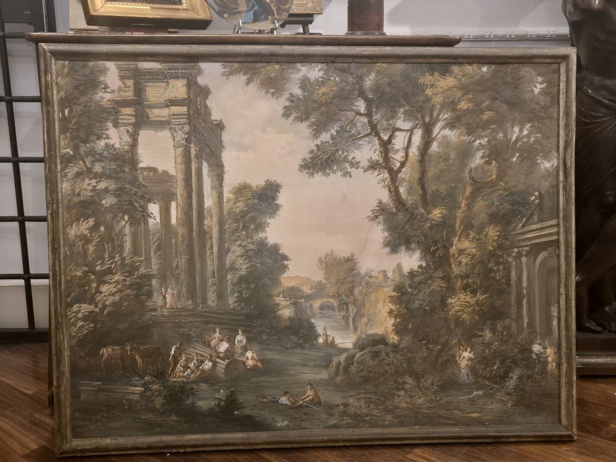 Landscape With Ruins And Figures, 19th-century Italian Grand Tour Painting-photo-2