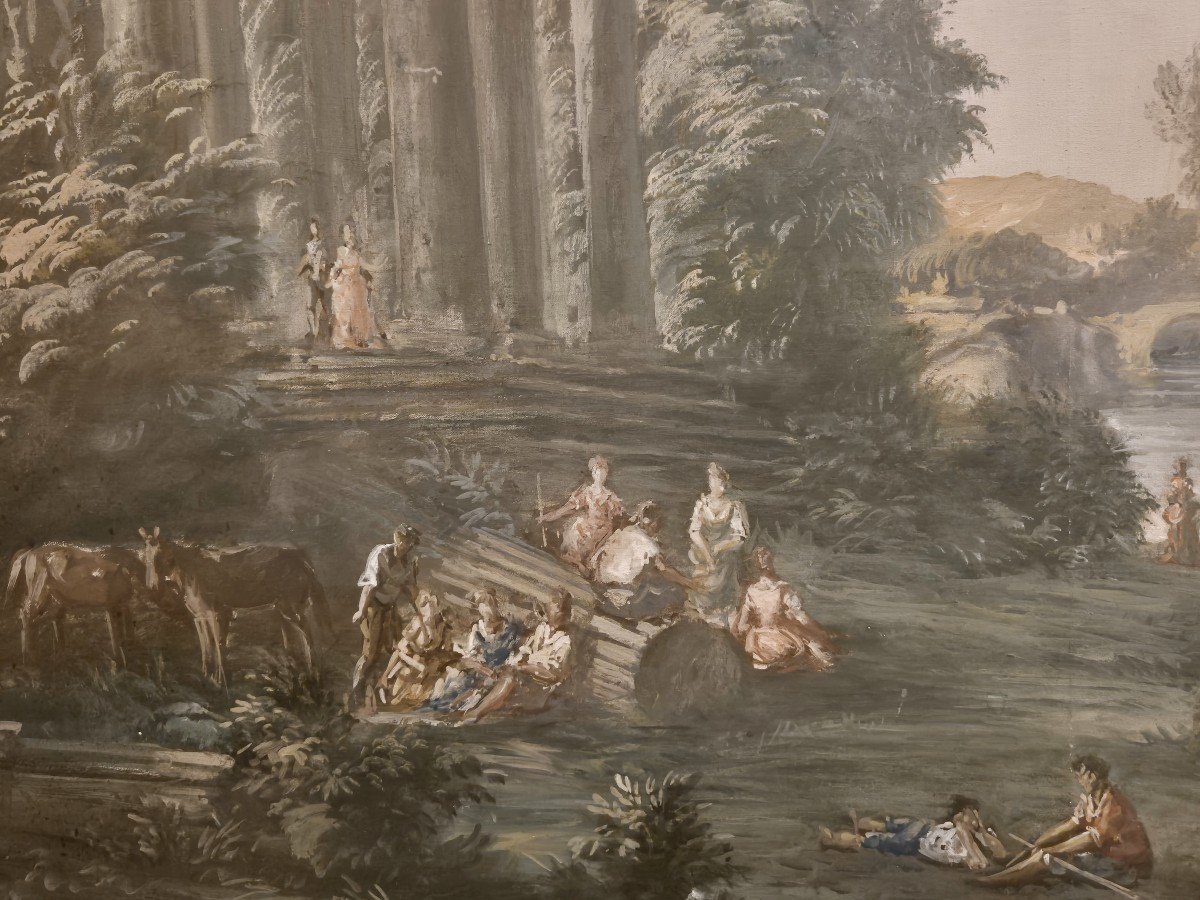 Landscape With Ruins And Figures, 19th-century Italian Grand Tour Painting-photo-3