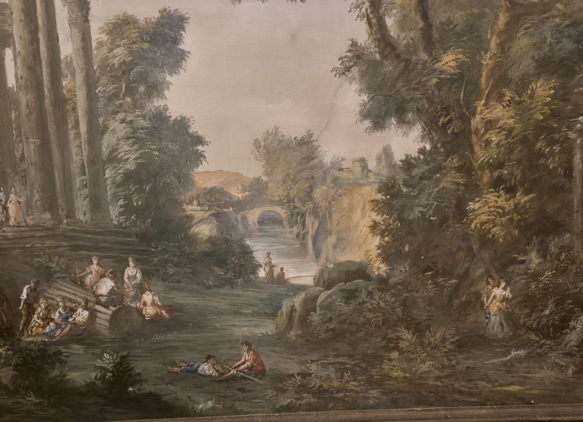 Landscape With Ruins And Figures, 19th-century Italian Grand Tour Painting-photo-2