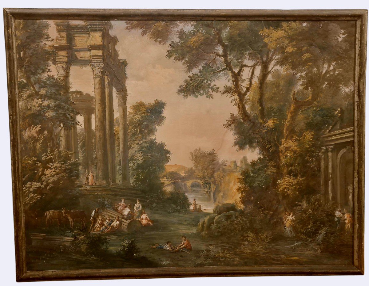 Landscape With Ruins And Figures, 19th-century Italian Grand Tour Painting