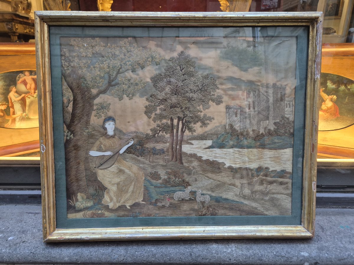 A Musician In A Landscape, Italian Embroidery, 18th Century -photo-3