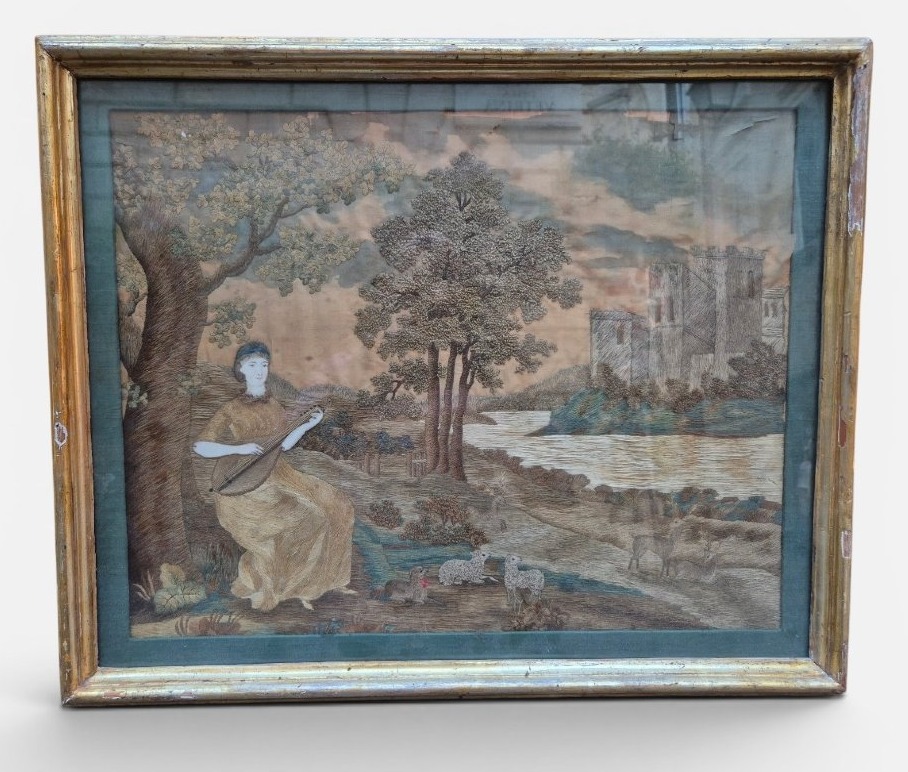 A Musician In A Landscape, Italian Embroidery, 18th Century 