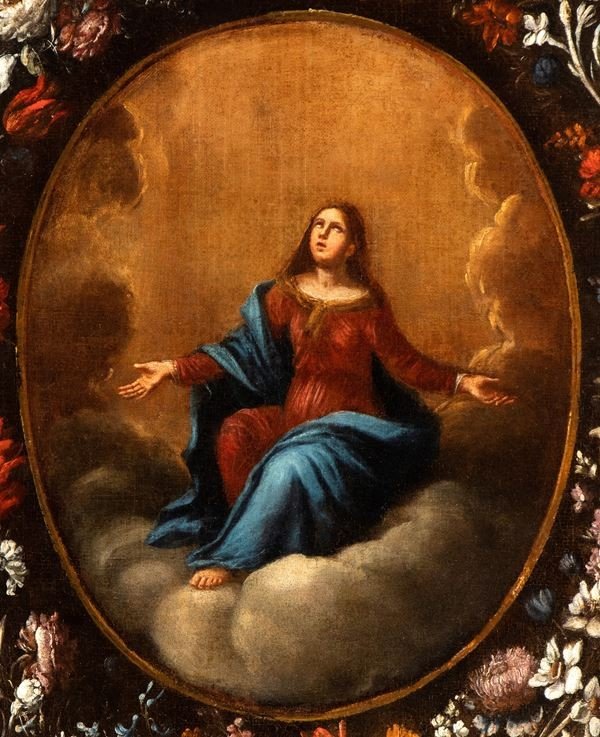 Madone Dans Les Nuages, Tableau , Rome XVIIème Siècle -photo-2