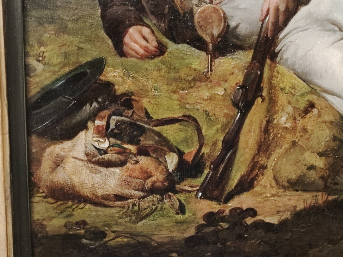 Portrait De Chasseur, Tableau Par A.B.F. Desmoulins -france XIXéme Siécle-photo-3