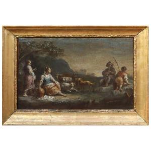 Paysage Avec Bergers Et Troupeaux, Tableau, Italie XVIIéme Siècle