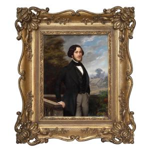 Portrait Of A Man With Landscape, Painting France XIXth Century