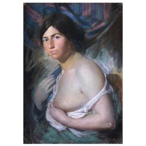 Portrait d'Une Femme Aux Seins Nus, Tableau , Par  S. Tarquini . Italie Debut XXème Siècle 
