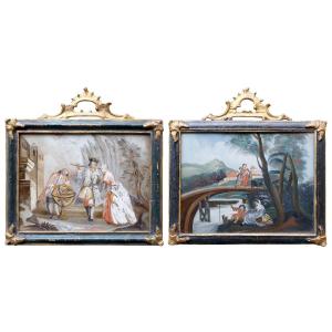 Pair Of Paintings Under Glass. Genre Scenes, Venice XVIIIth Century 