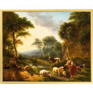 Arcadian Italian Landscape With Shepherds And Flock, Painting , France XVIIIth Century 