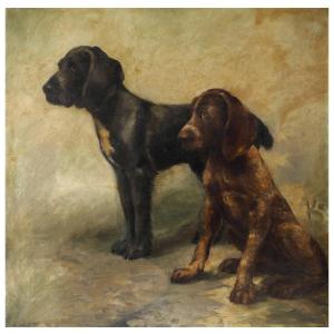 Two Dogs, Painting France Beginning Of XXth Century