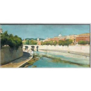 View Of Modern Rome, Lungotevere Della Vittoria, Painting Italy Rome 1940 Ca.