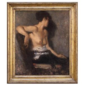 Nude Woman With Exposed Breasts, Painting , Rome Italy XIXth Century  Art Nouveau 