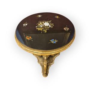Gueridon With Inlaid Marble Top, Carved Wood And Marble, Florence, 19th Century Grandtour