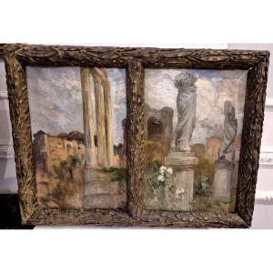 Oil On Wood Ferruccio Scattola Italian XX Century View Of The Roman Forum
