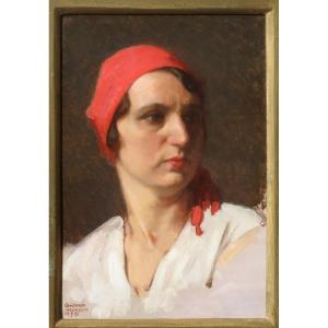 Portrait de  Fille Avec Un Foulard , Tableau Par G. Grimani Italie XXème Siècle 1930s Trieste