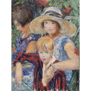 portrait de mère avec enfants, Tableau, debut XXème Siècle 