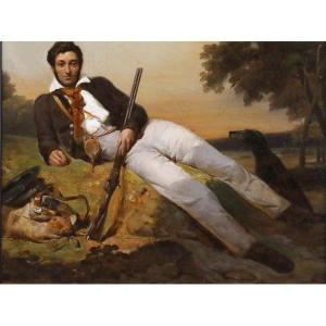 Portrait De Chasseur, Tableau Par A.B.F. Desmoulins -france XIXéme Siécle