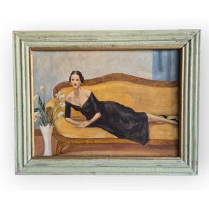 Portrait d'une dame sur le canapé, Tableau par G. Bussa , Italie XXème Siècle artdecò