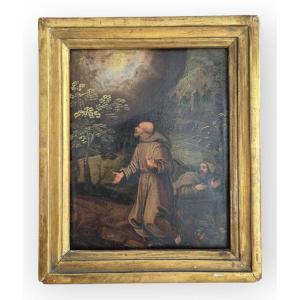 Saint François reçoit les stigmates, Tableau  huile sur cuivre , Italie XVIIèem Siècle 