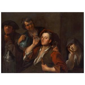 Scène De Taverne, Les Buveurs, Tableau, École  Caravagesque , Rome ou Naples XVIIéme  Siécle