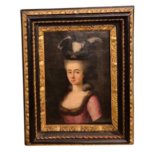 Portrait Of A Lady With A Feather Hat, Painting , Italy XVIIIth Century