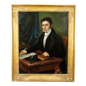  Portrait Of A Man At A Desk, Painting By J. Bronzet, France XIXth Century 
