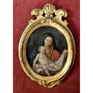 Ecole italienneVierge et enfant huile sur cuivre cadre bronze doré XVIIIéme siécle 