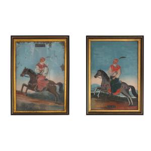 Knights On Horseback, Paintings Painted Under Glass, Fixè, Paersia XIXth Century