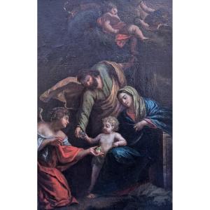 La Sainte Famille avec un ange, Tableau , Italie XVIIème Siècle 