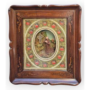 Coffret  Avec Reliques Et Cire De Saint François, Bois , Naples XIXème Siècle 