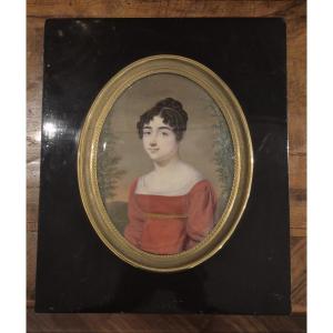 Portrait Of A Girl In Red, Oil Painting, Signed Evrard, France, 19th Century 