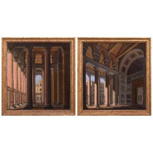 paire de vues du portique du Panthéon, Tableaux , Italie XIXe Siècle 