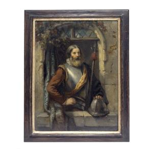 portrait d'un hallebardier, Tableau par. H.M Cossmann. France Allemagne XIXème Siècle 