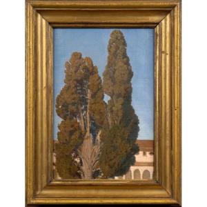 Les cyprès de Michel-Ange dans les thermes de Dioclétien, Rome, Tableau XIXe siècle 